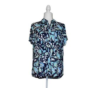 Croft & Barrow Short Sleeve Button Down Leaf Print Blue/White Blouse Top Size M